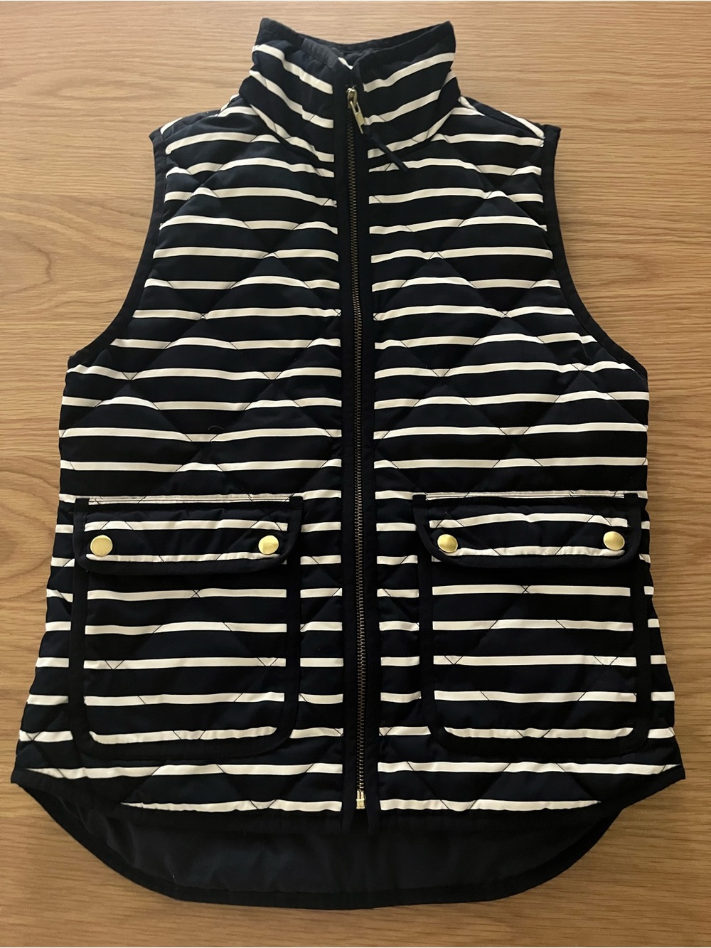 Navy & White Striped Quilted Vest with Gold Snap Accents XXS